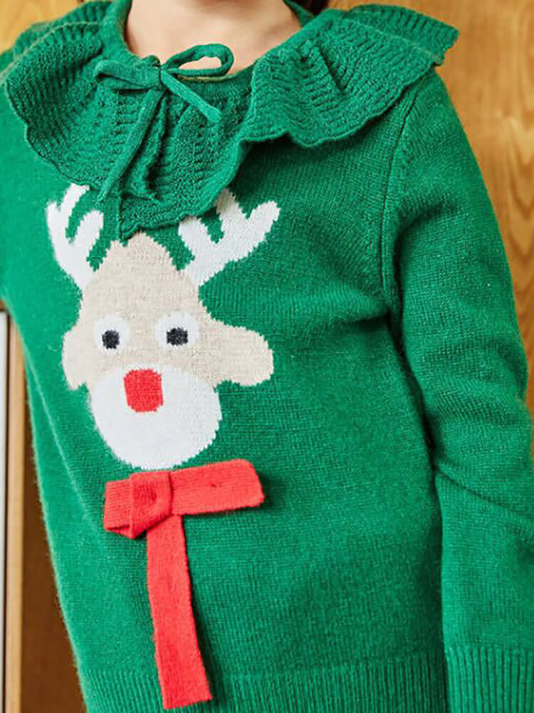 Kids Christmas Reindeer Cashmere Sweater with 3D Bow